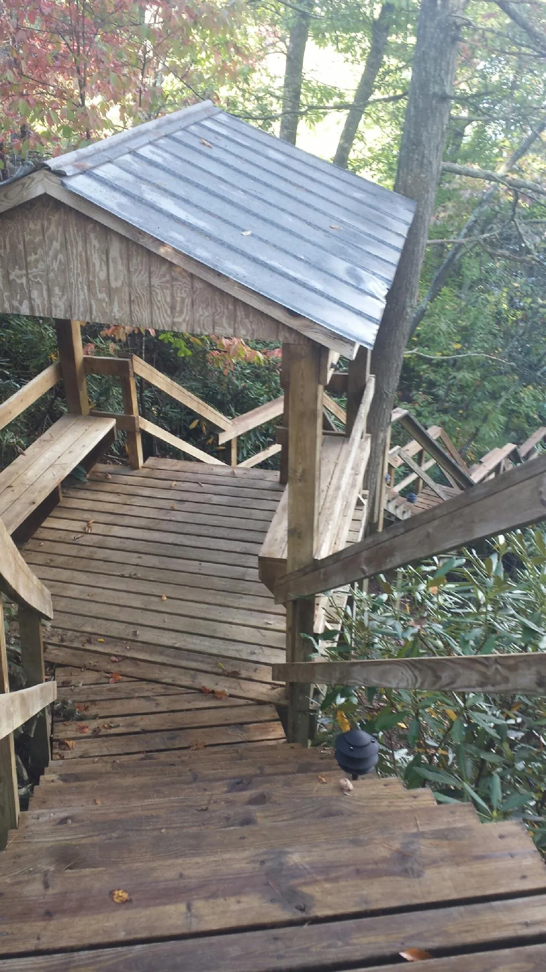 Metal roofed shelter over wooden steps on a wooded walkway — Skylight Repair & Installation work by our crew in Dutch Flat